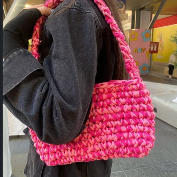 Pink t-shirt yarn bag